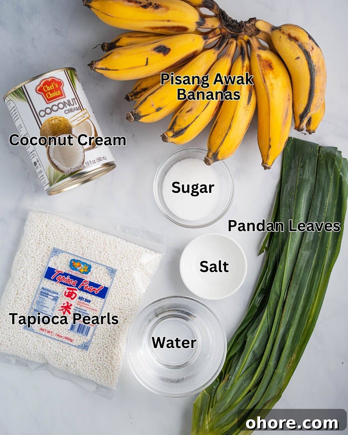 Ingredients needed for che chuoi: pisang awak bananas, coconut cream, tapioca pearls, pandan leaves, sugar, salt and water.