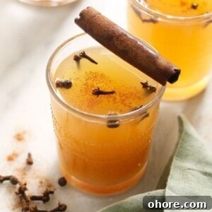 Homemade Instant Pot Apple Cider Recipe for Fall Gatherings 2 Two glasses of instant pot apple cider with cinnamon sticks.