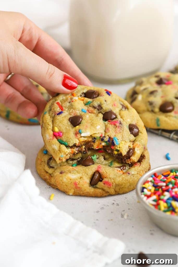 Setting down a gluten-free sprinkle chocolate chip cookie