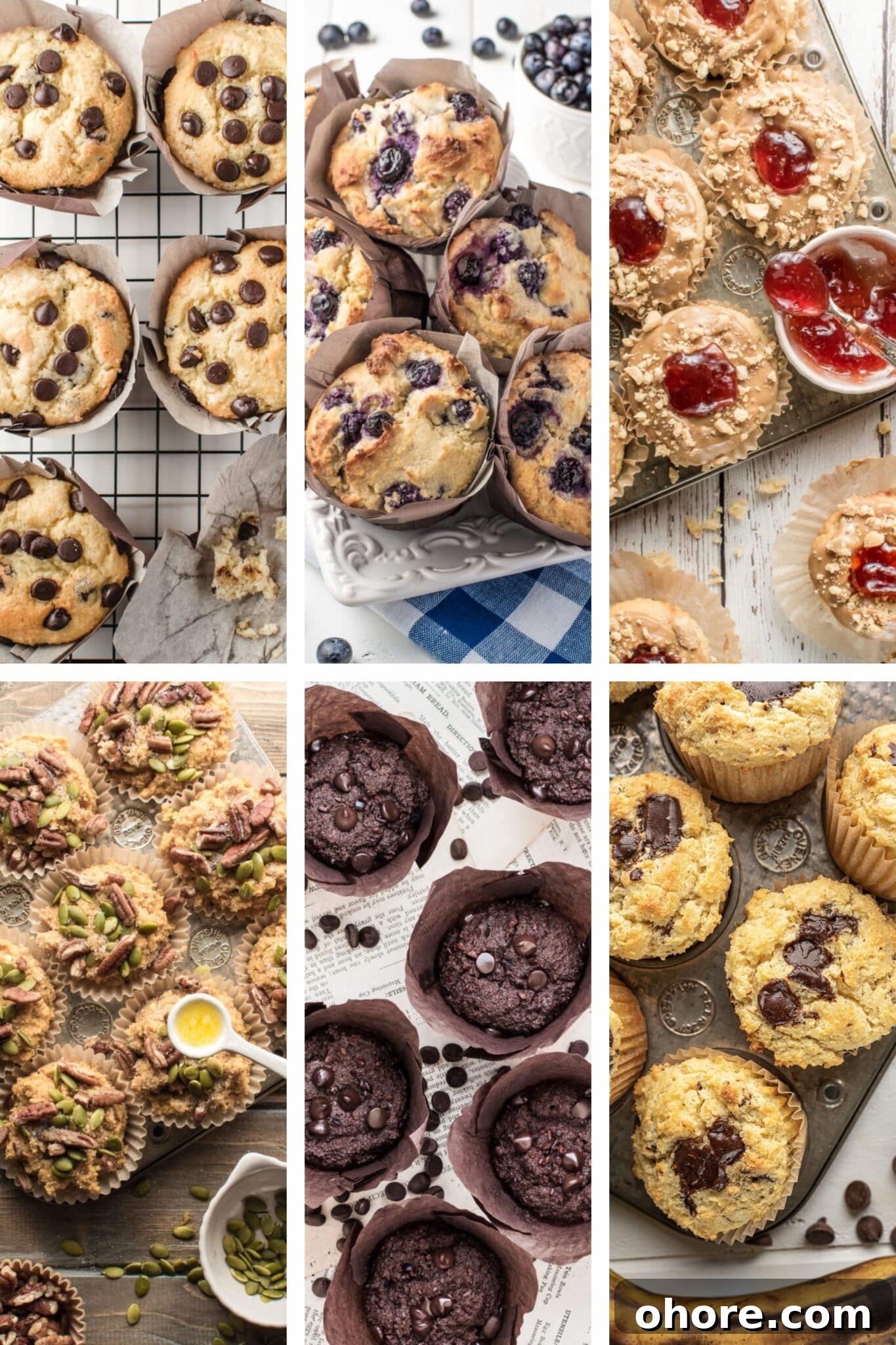 A 6 panel image showing different low carb muffin batches. 