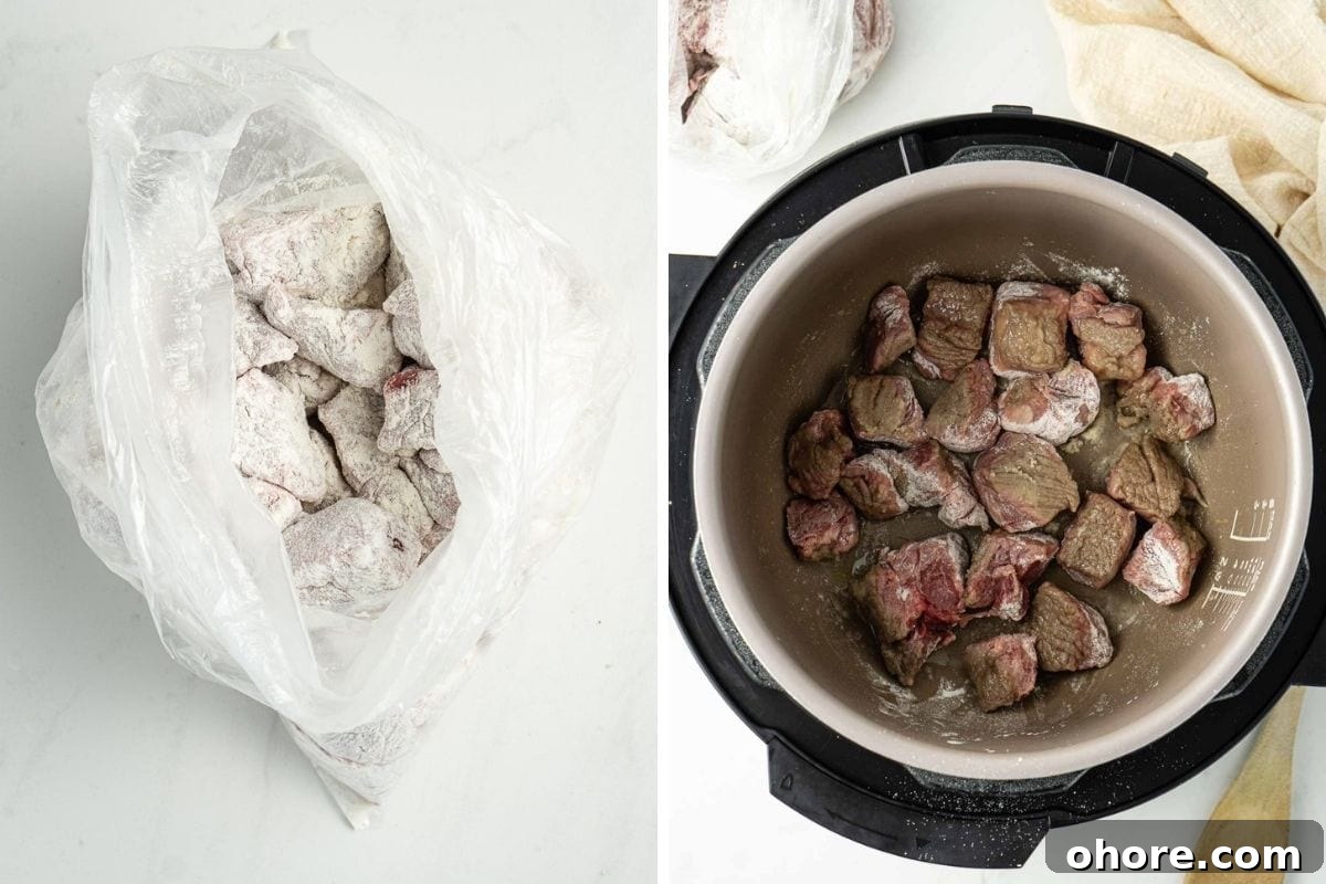 Coating the beef in flour and placing it into a pressure cooker.