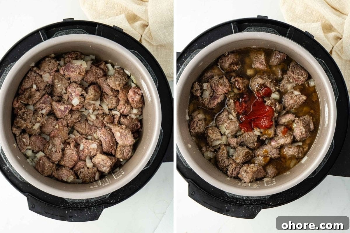 Beef and onions in a pressure cooker.