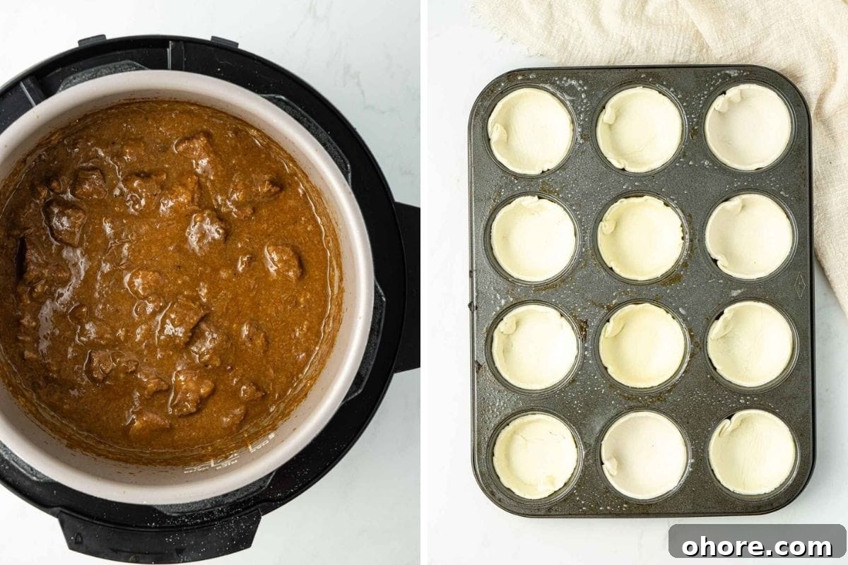 Cooked stew in a pressure cooker and a muffin tray with the bottom pastry pressed in.