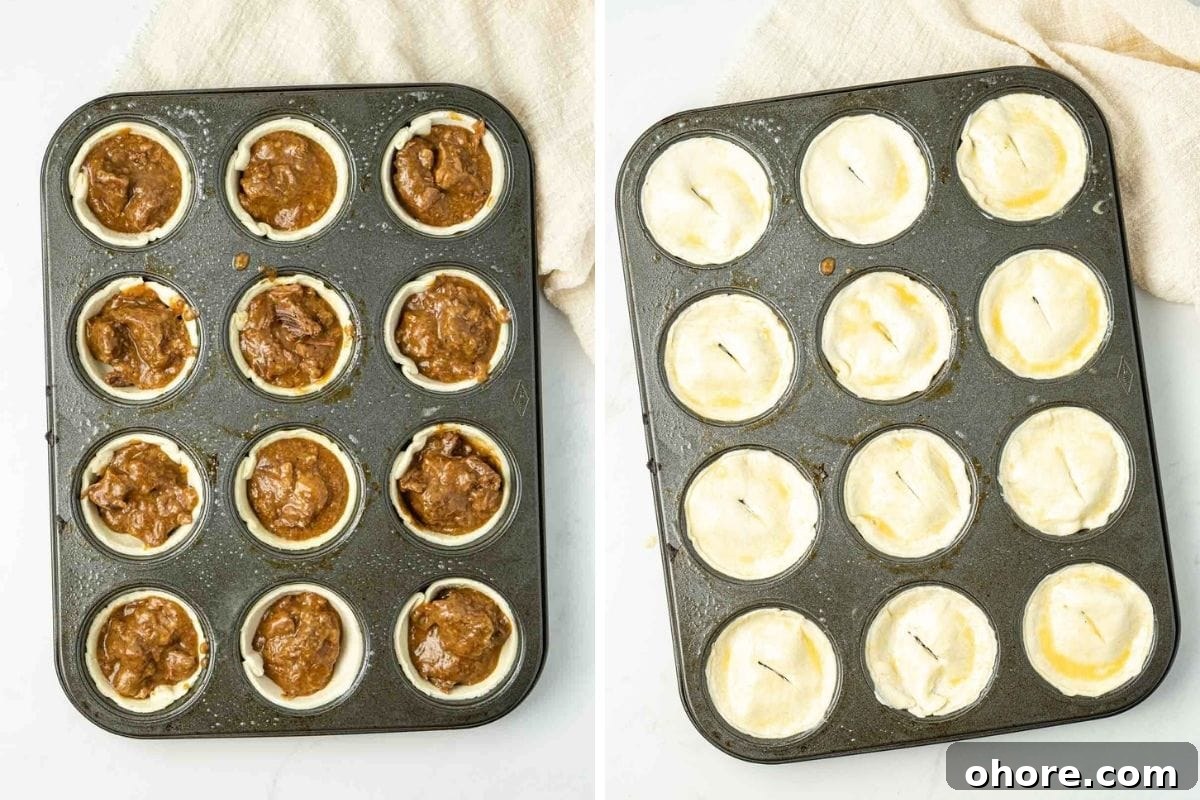 Adding the filling and the top of the pie to the muffin pan.