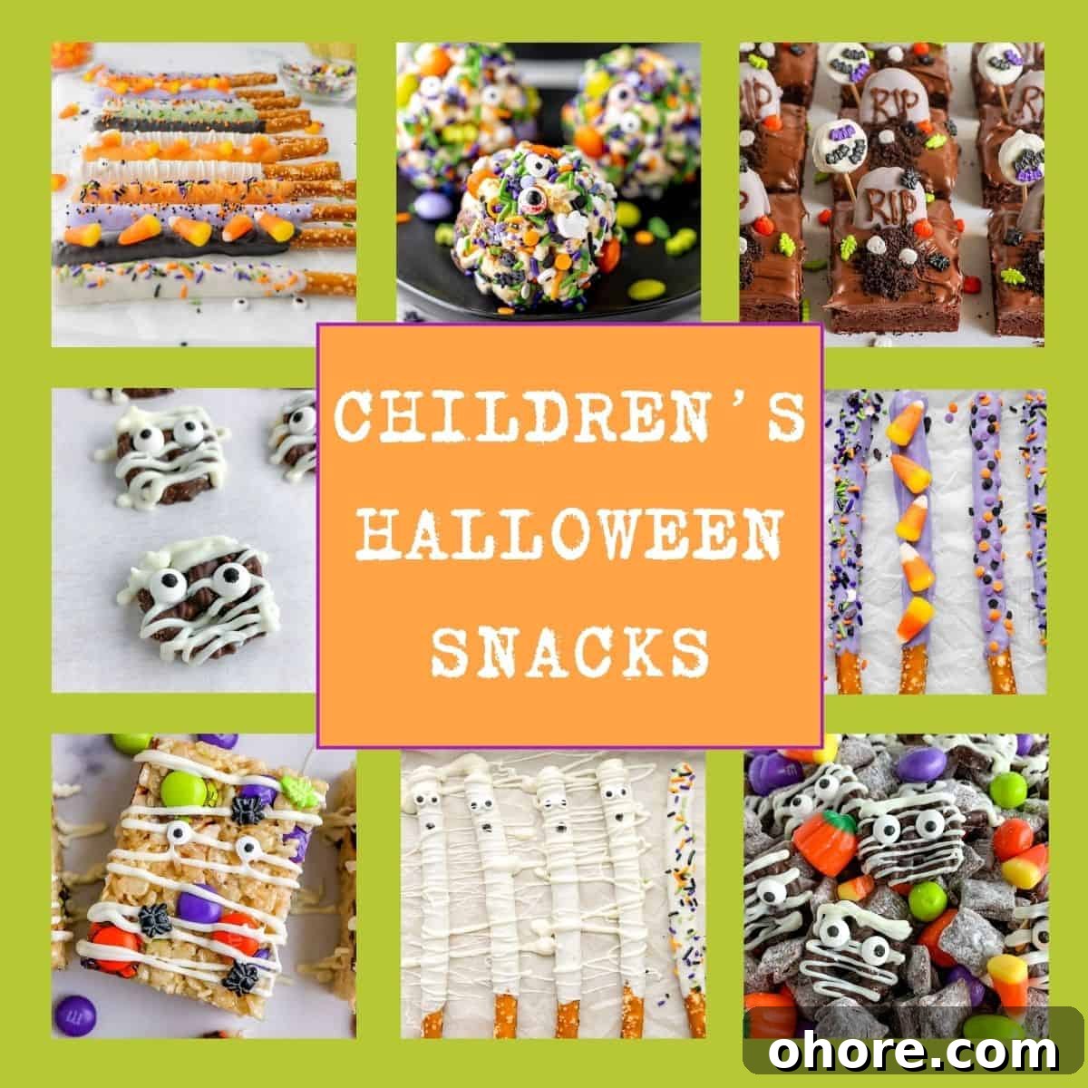 Kid-Friendly Halloween Snack Ideas for Kids 2 A collage of various children's Halloween-themed snacks, including pretzel sticks, cake pops, and chocolate-covered treats decorated with spooky motifs like mummies, monsters, and gravestones.