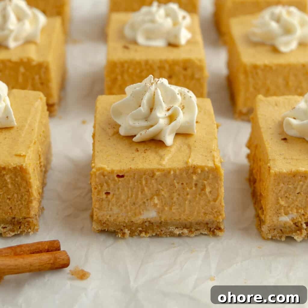 Up close pumpkin cheesecake bar with other cheesecake squares topped with whipped cream.