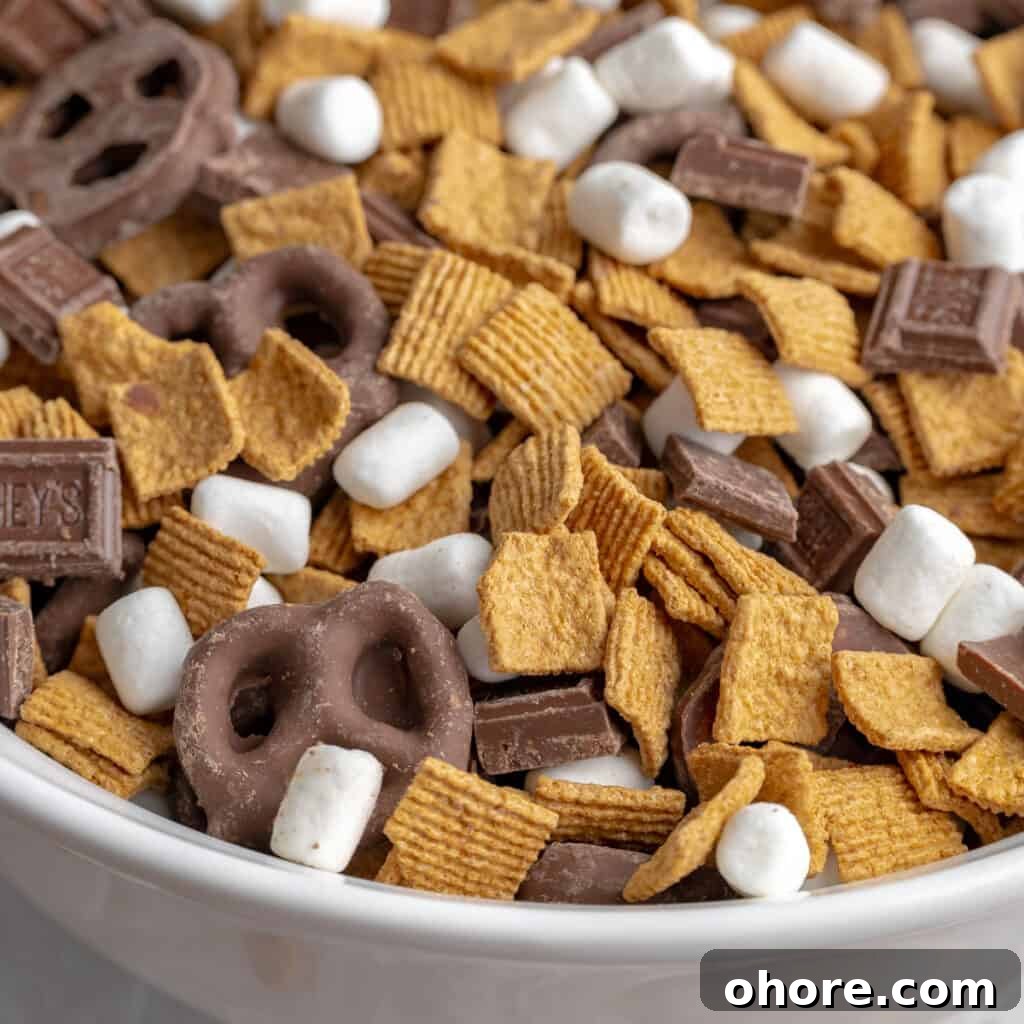 Up close photo of S'mores snack mix in a white bowl
