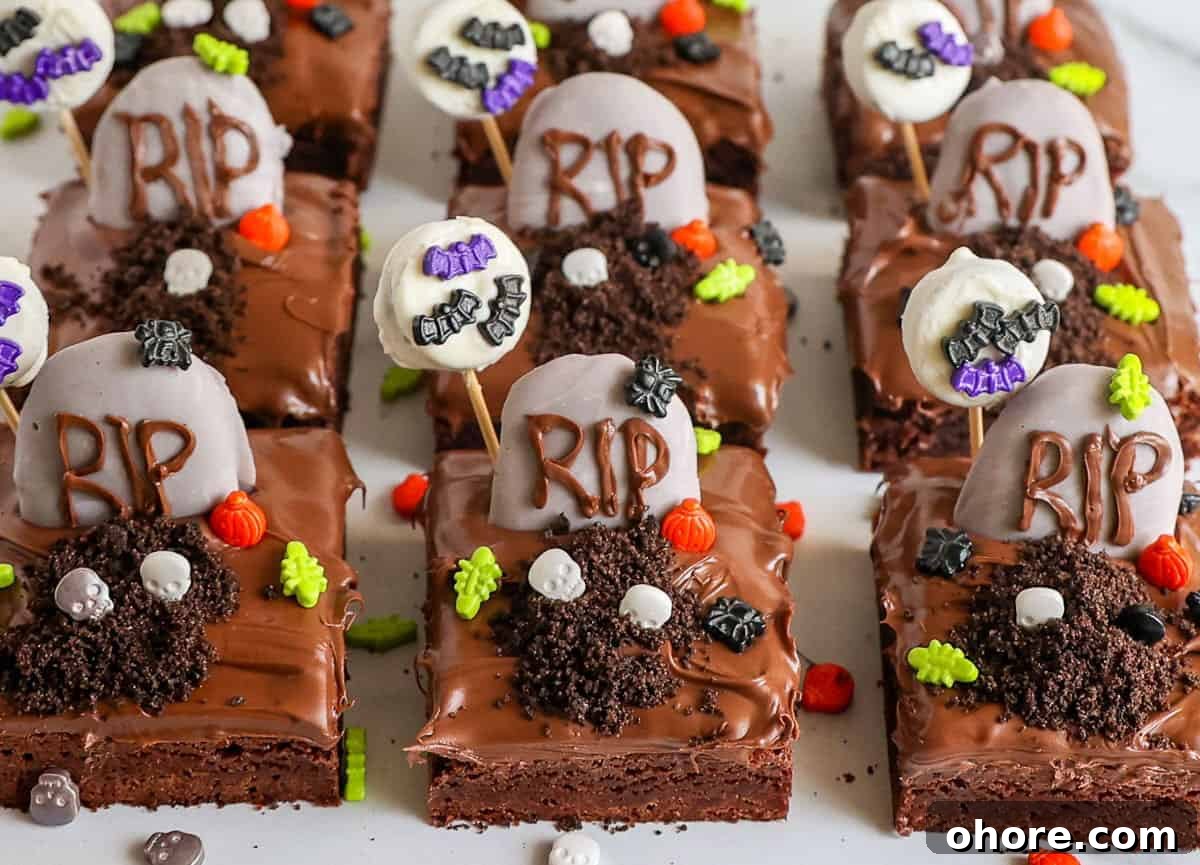 Kid-Friendly Halloween Snack Ideas for Kids 6 Brownies decorated with cookie gravestones, halloween themed sprinkles, and candy bats.