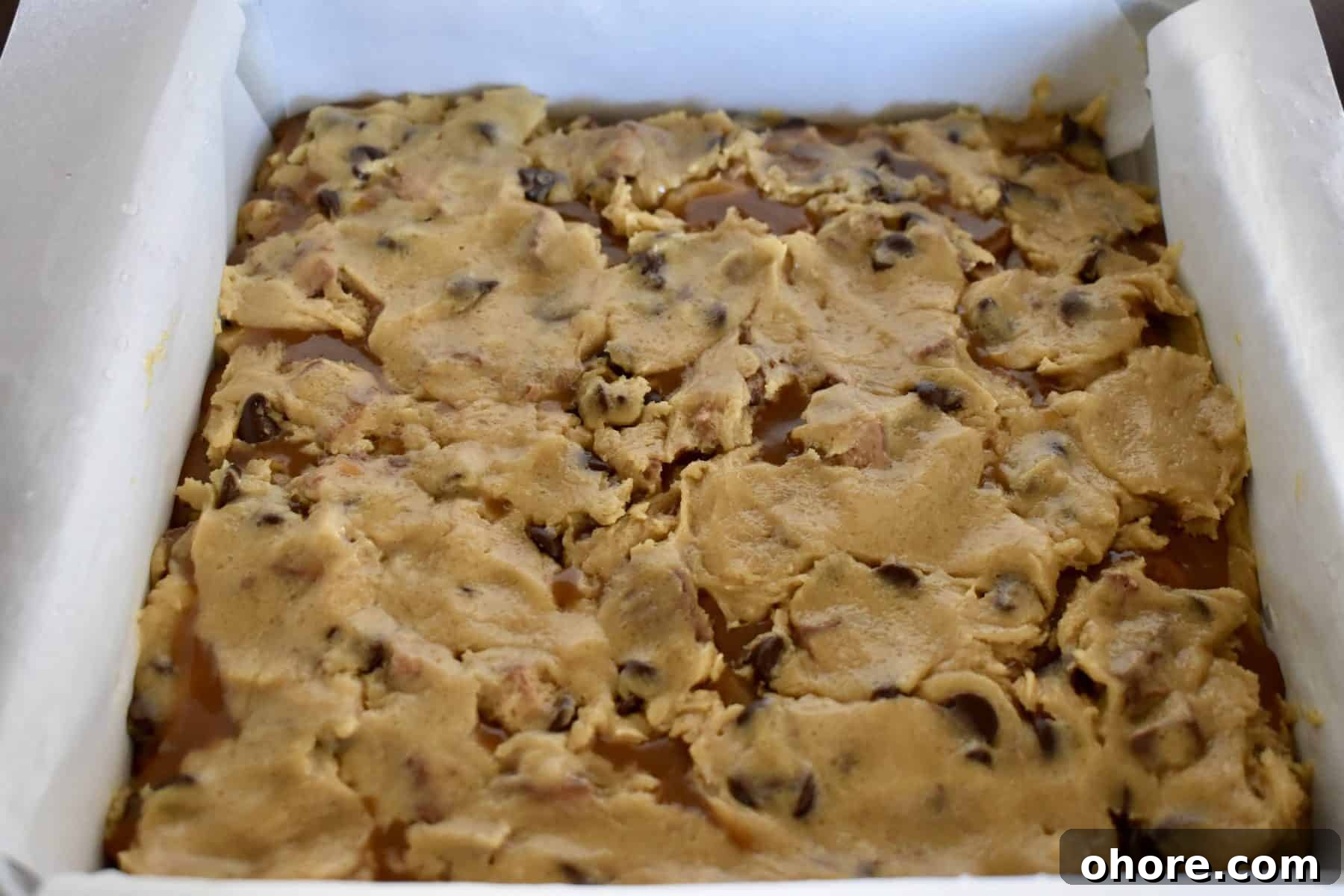 Milky Way Blondies with Caramel and Chocolate Delight 10 batter pressed over the caramel layer of the bars.
