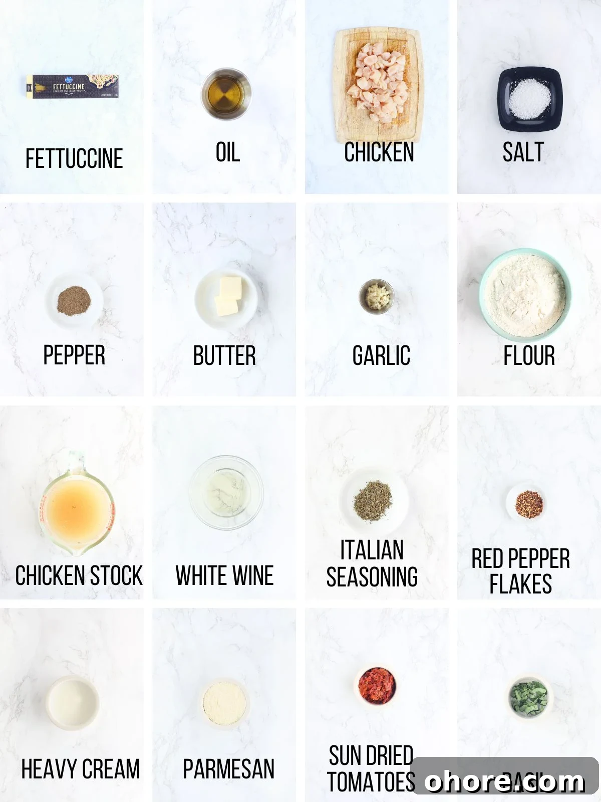 Creamy Marry Me Chicken Pasta Recipe for Weeknight Dinner 3 Collage of ingredients needed to make Marry Me Chicken Pasta.