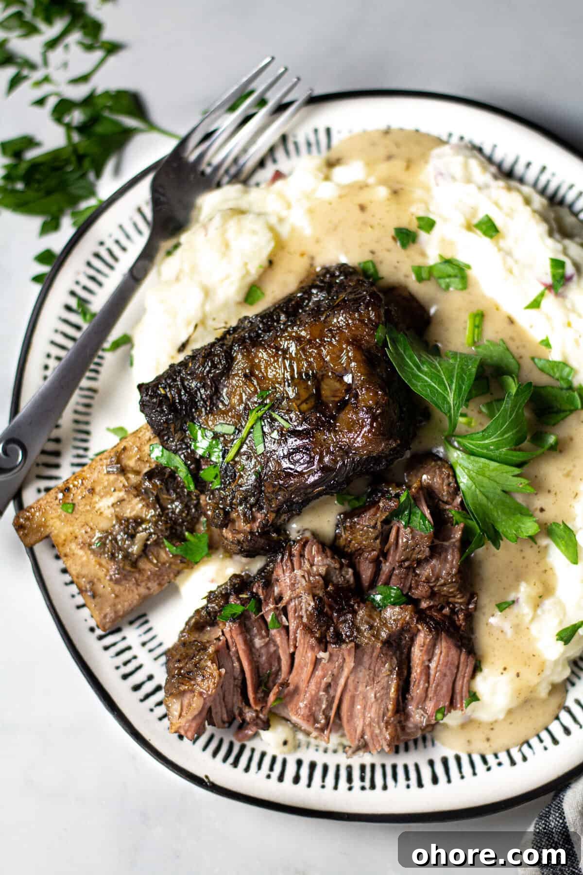 Overhead shot of a plate filled with short ribs and homemade mashed potatoes garnished with parsley 