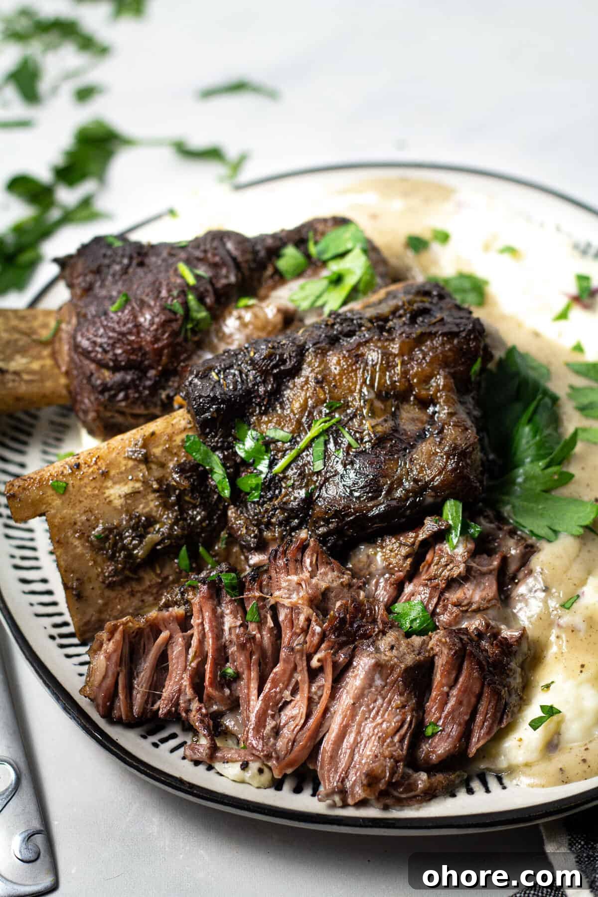 Overhead shot of a plate filled with short ribs and homemade mashed potatoes garnished with parsley 