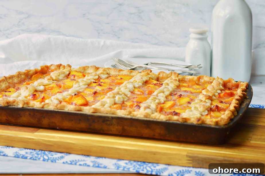 Rustic Peach Slab Pie Recipe for Serving a Crowd 3 full view of peach slab pie