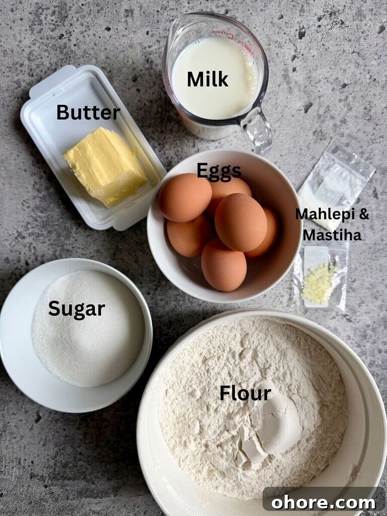Tsoureki: Traditional Greek Easter Bread Recipe and Tips 3 Ingredients for the Tsoureki include: Flour, sugar, Eggs, Butter, Milk, Mastiha and Mahlepi