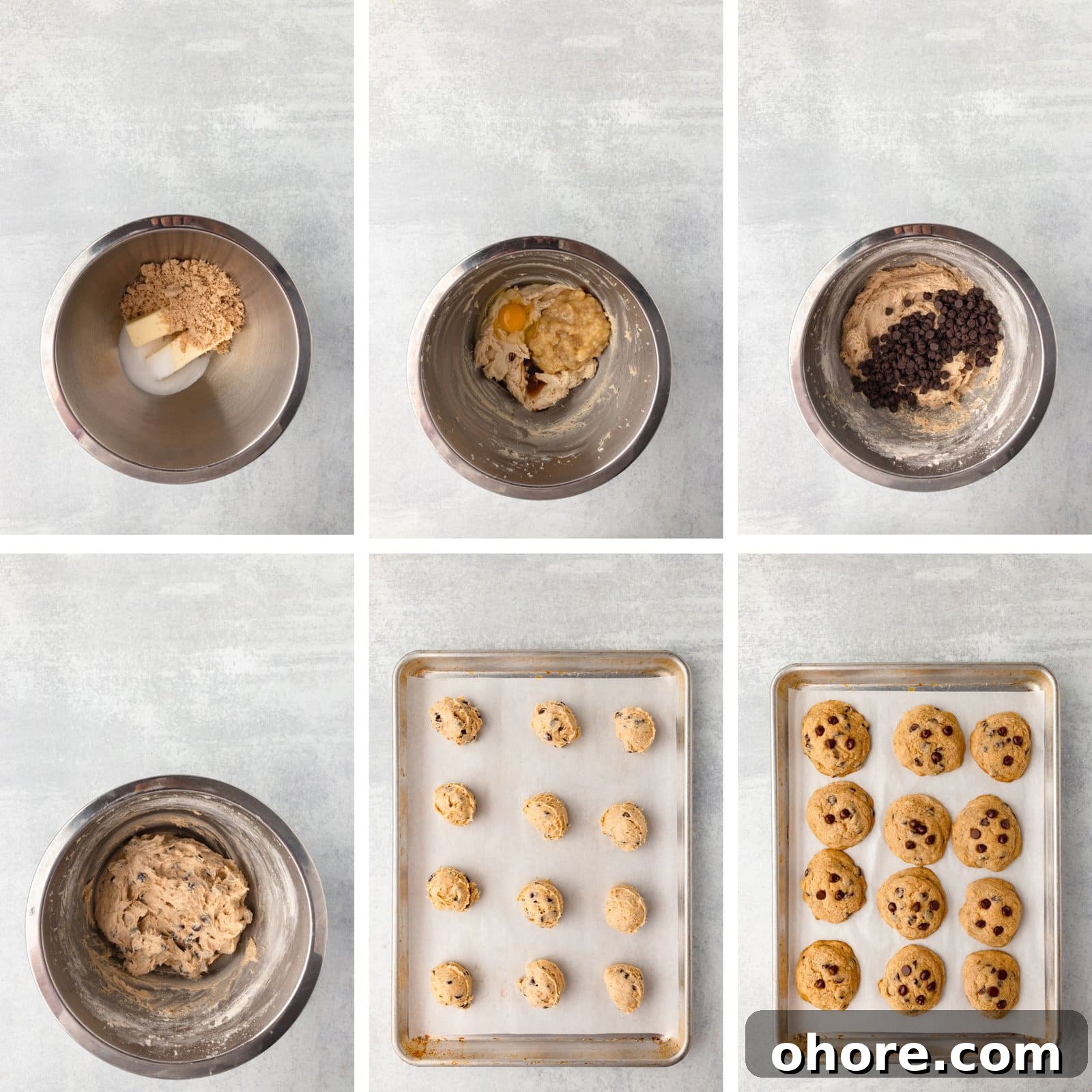 Banana Chocolate Chip Cookies Recipe — Moist Banana Cookies with Chocolate Chunks 4 Creamy cookie dough with chocolate chips bundled in a bowl.