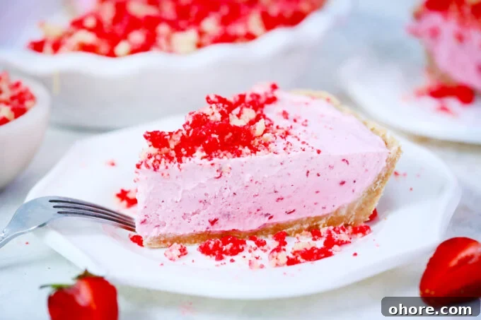Freezer strawberry shortcake pie with strawberry crumb topping.