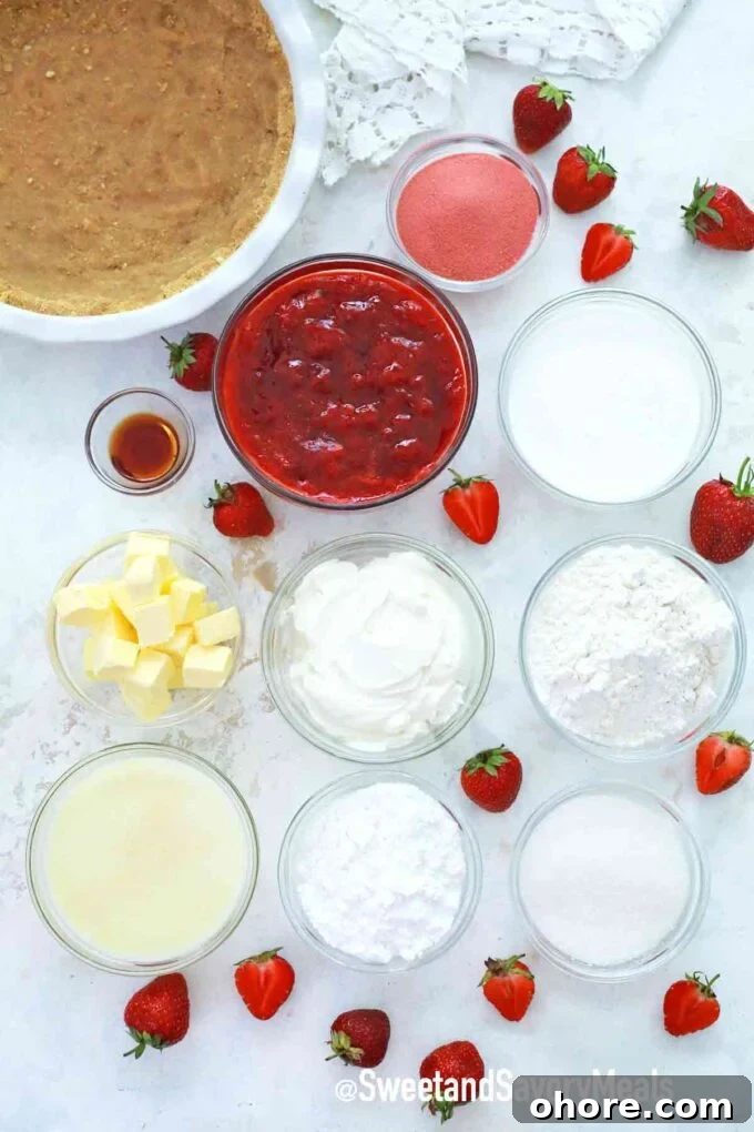 strawberry shortcake pie ingredients in bowls on a table