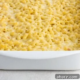 old fashioned baked macaroni and cheese in a baking pan