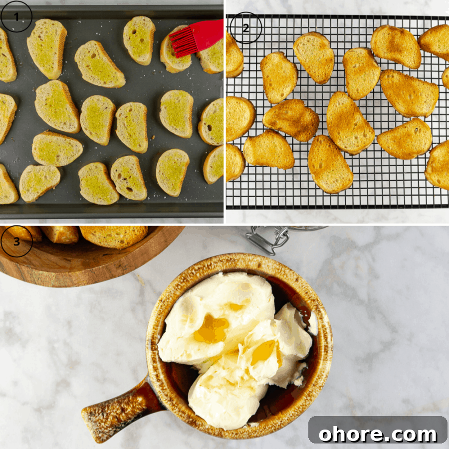 Savory Bacon Jam Crostini Recipe for Entertaining 4 first coating the crostini slices in oil, then the crostinis baked, finally the marscarpone and cream cheese in a bowl with honey and lemon juice