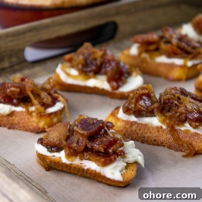 Savory Bacon Jam Crostini Recipe for Entertaining 7 bacon jam crostinis on a serving tray