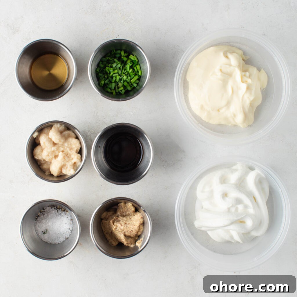 Creamy Horseradish Sauce for Prime Rib: Tangy Roast Beef Topping 3 Bowl of Mayonnaise, Bowl of Sour Cream, pinch bowls of prepared horseradish, dijon mustard, apple cider vinegar, chives, Worcestershire sauce, and salt and pepper.