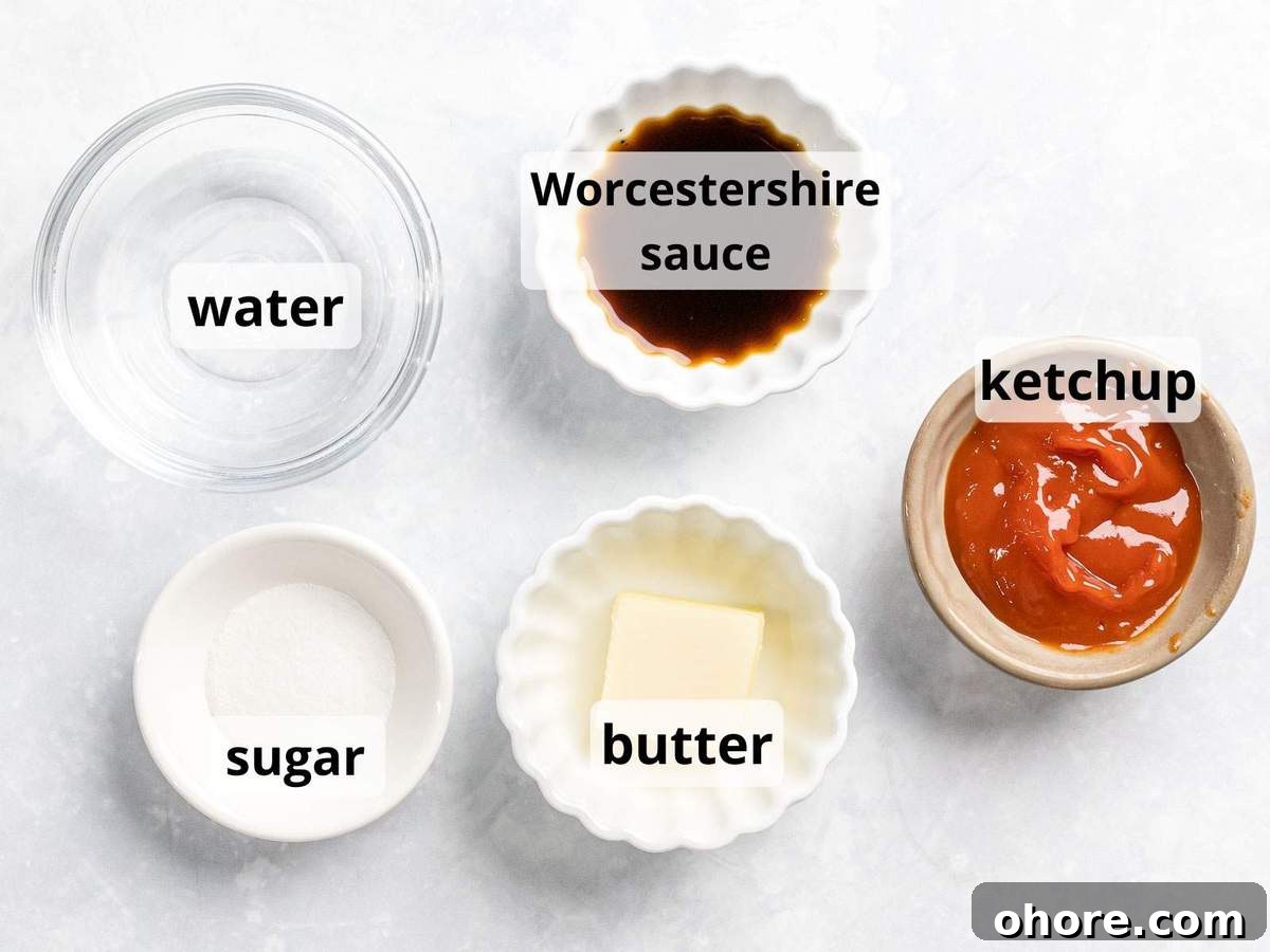 Japanese Hambagu (Hamburger Steak) Recipe — Authentic Pan-Fried Steak 5 Ingredients for Japanese hamburger steak sauce including ketchup, worcestershire sauce, and butter.