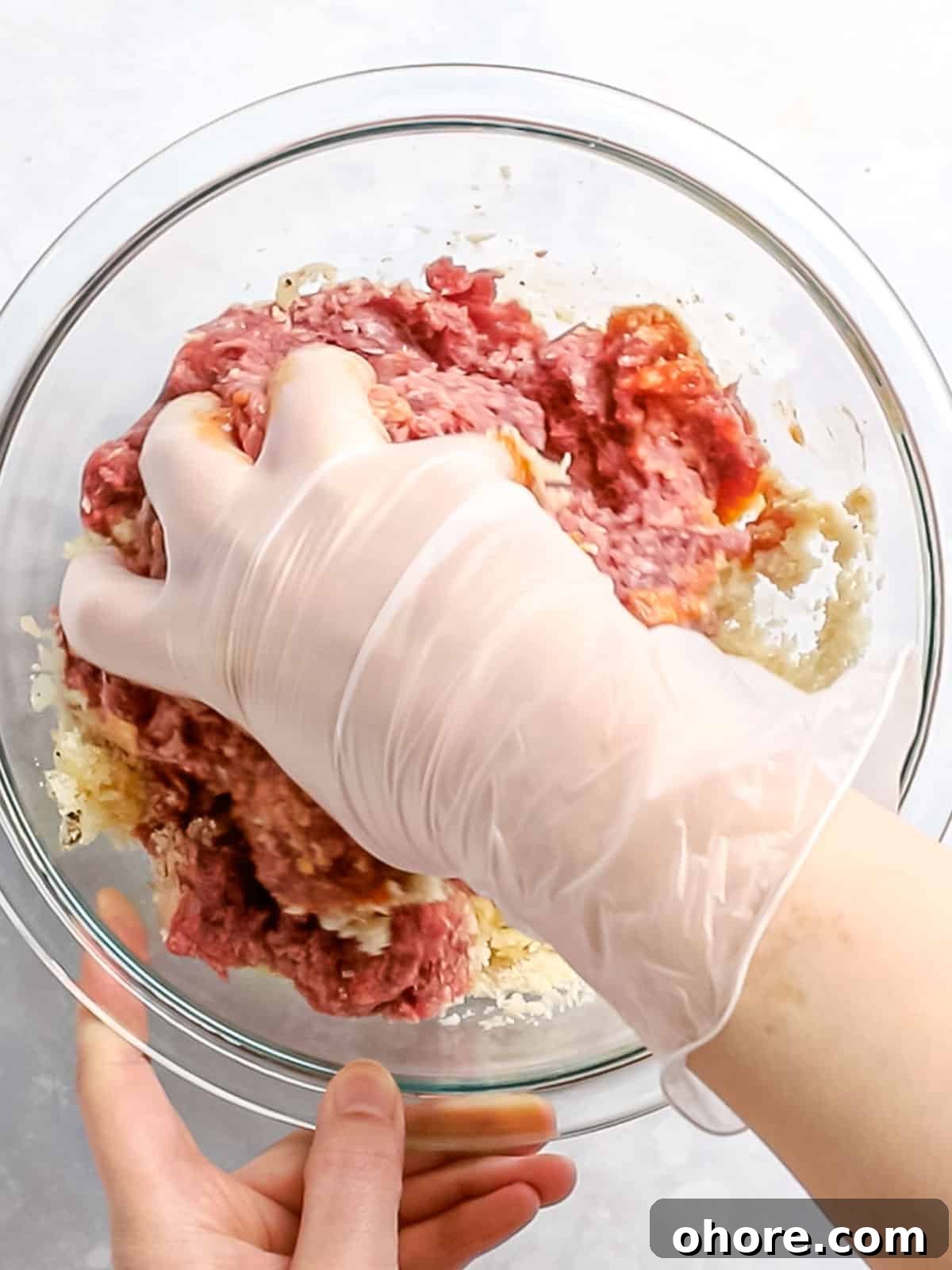 Japanese Hambagu (Hamburger Steak) Recipe — Authentic Pan-Fried Steak 9 Hamburger steak ingredients in a glass bowl being mixed together with a gloved hand.
