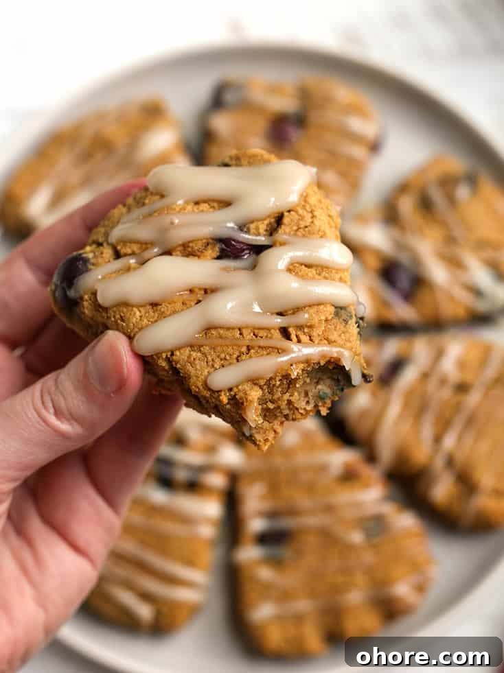 Paleo Blueberry Scones Recipe – Flaky, Grain-Free Breakfast Treat 7 hand holding a paleo blueberry scone with a bite taken out