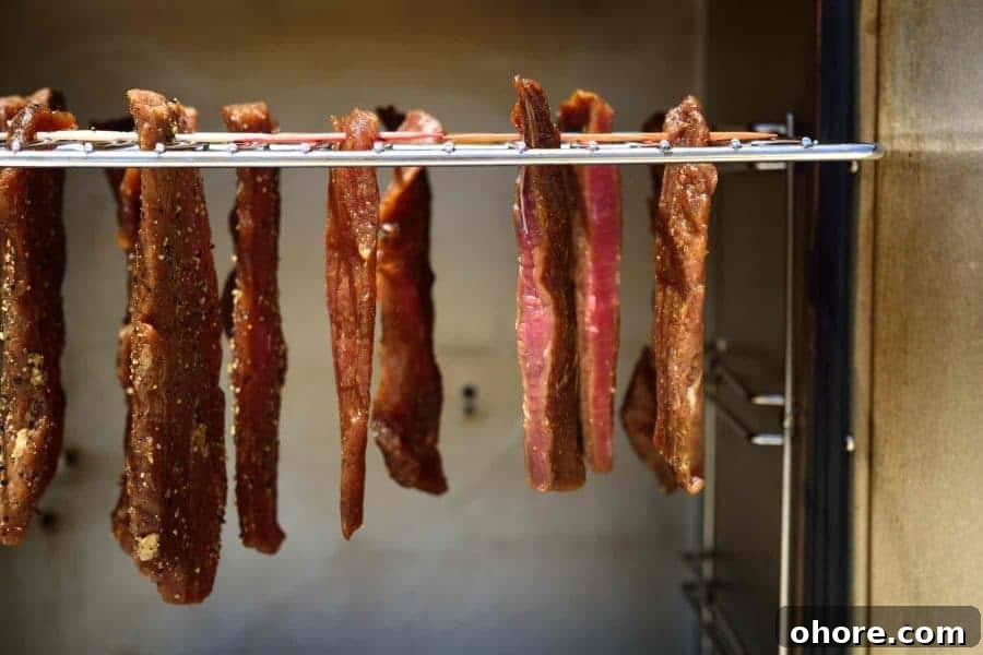 Jerky Hanging in Smoker and Ready to Dry
