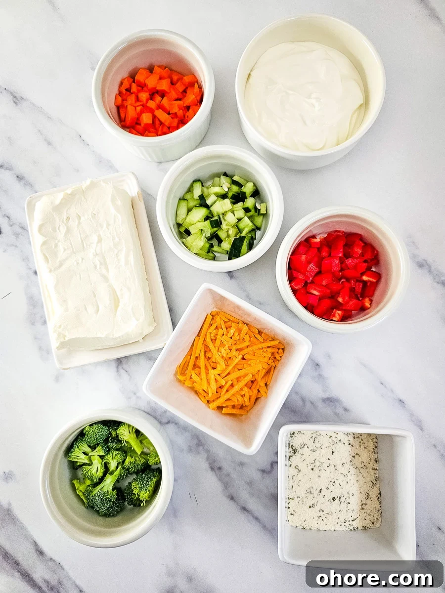 Creamy Vegetable Pizza Dip Recipe for Parties and Game Day 4 Ingredients for veggie pizza dip in small bowls on counter.