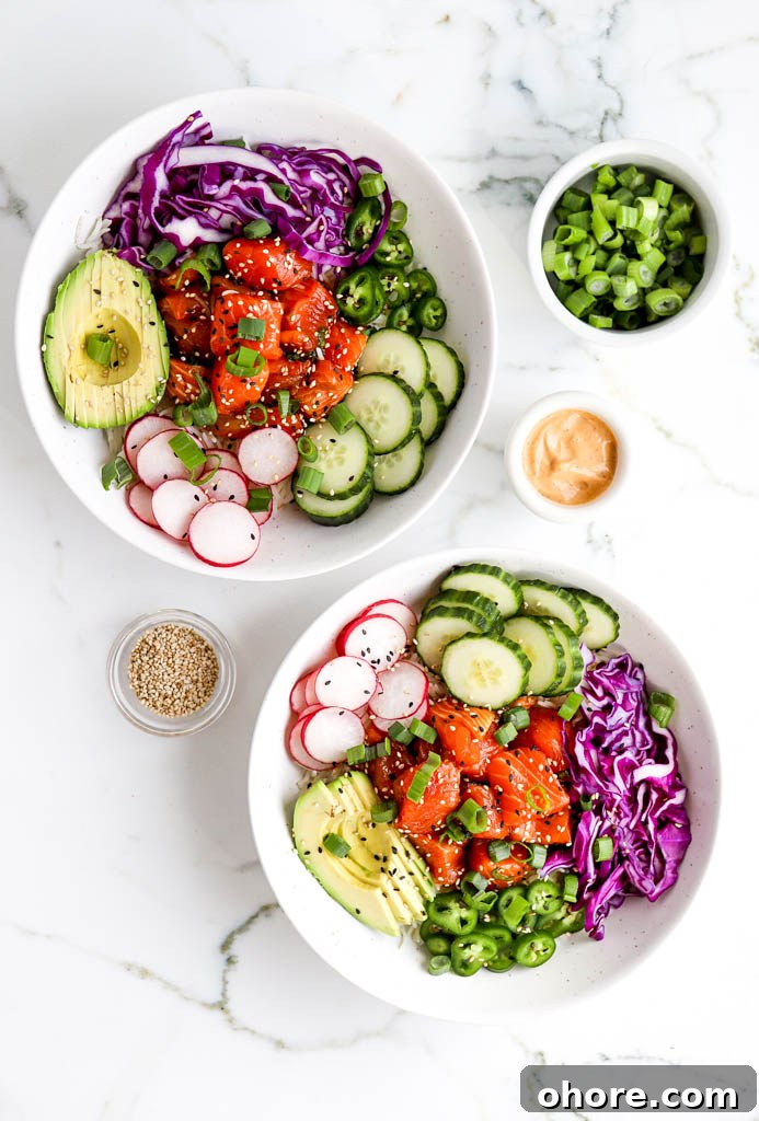 Spicy Salmon Sushi Bowl: Quick Sushi Bowl Recipe with Sriracha Mayo 3 sushi grade fish bowls with green onion