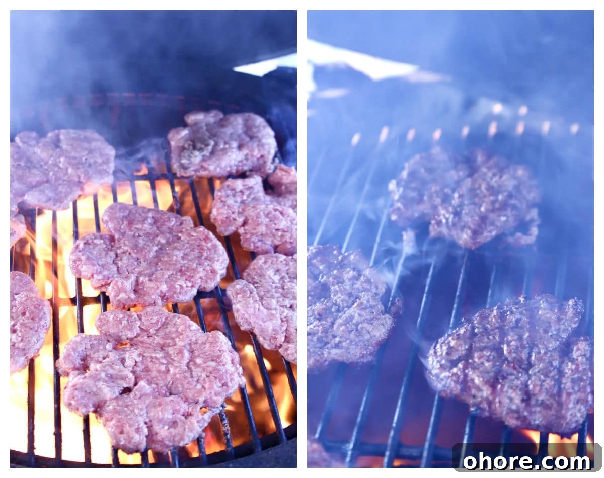 Grilled burgers with mozzarella, basil and tomato. Collage grilling burger patties.