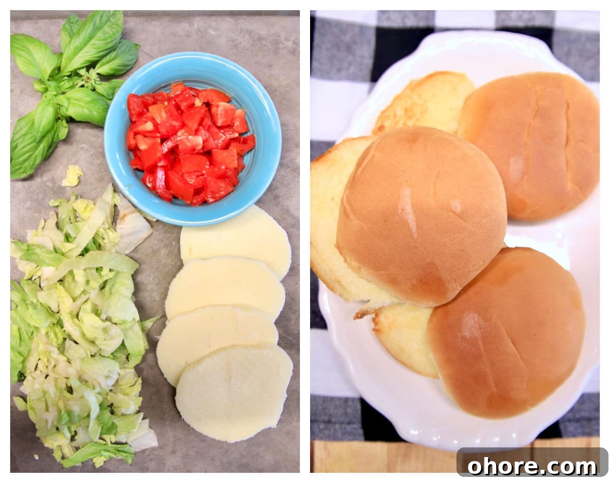Grilled Caprese Burger Recipe with Fresh Mozzarella & Basil 2 Collage of basil, tomato, lettuce, mozzarella/ toasted burger buns.